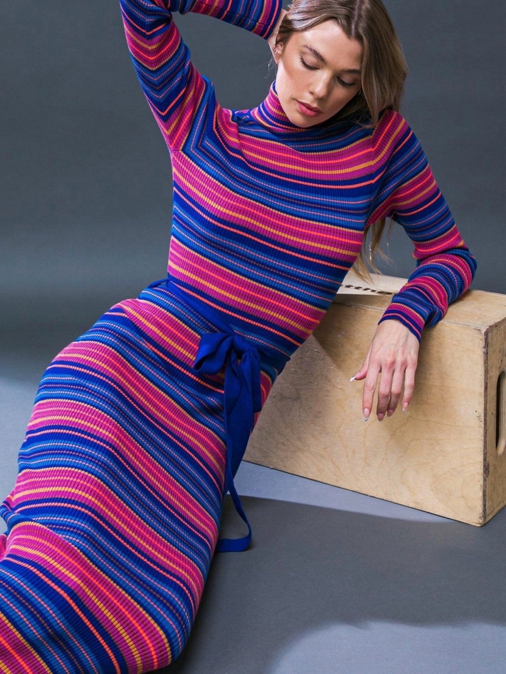 Flying Tomato Striped Rib-Knit Turtleneck Dress in Blue & Pink